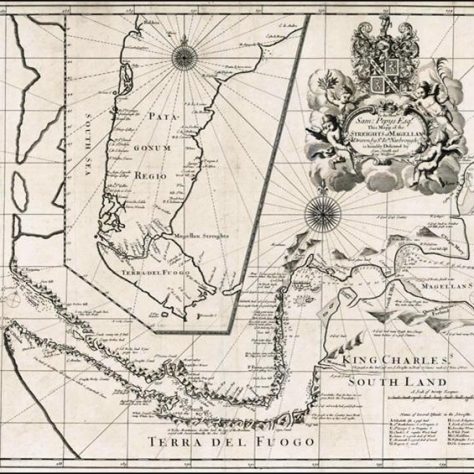 Shovell’s first major voyage under Sir John Narborough was to the Straits of Magellan, which Narborough had been told to map and report on. To the Honble. Sam: Pepys Esqr. Shovell’s first major voyage under Sir John Narborough was to the Straits of Magellan, which Narborough had been told to map and report on. To the Honble. Sam: Pepys Esqr. | This Mapp of the Streights of Magellan Drawn by Sr. Ion. Narbrough is humbly Dedicated by Sam Smith and Benj: Wallford by Sir John Narborough, Raremaps.com.