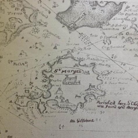 This map shows exactly where in the Scilly Isles Shovell’s ship, the Association, went down and where Shovell’s body was found. A Map of the Islands of Scilly. Shewing all the Rocks And Ledges, with the Soundings & Barings, And y e Exact Places wher e The Association Eagle Rumny, & Tierbrand was Lost. These Islands are In Number 53 and but 7 Of them Inhabited by Sidney Godolphin and Edmund Gostello This map shows exactly where in the Scilly Isles Shovell’s ship, the Association, went down and where Shovell’s body was found. A Map of the Islands of Scilly. Shewing all the Rocks And Ledges, with the Soundings & Barings, And y e Exact Places wher e The Association Eagle Rumny, & Tierbrand was Lost. These Islands are In Number 53 and but 7 Of them Inhabited by Sidney Godolphin and Edmund Gostello | National Archives in Kew MPH 1/368.