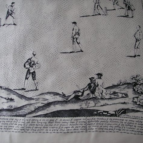 Cricket-Square Silk square screen printed at Evans using pattern first produced by Ware in Crayford mid-18th century.