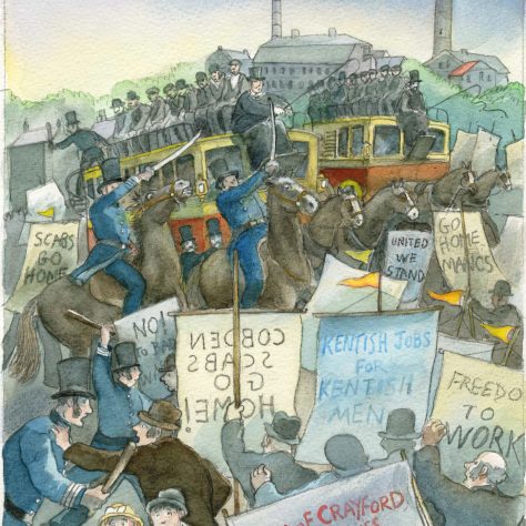 Illustration-by-Michael-Foreman Crayford Strikes. A cartoon picture showing people protesting over jobs. | Illustrated by Michael Foreman.