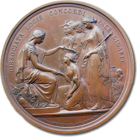 Panel-2---Prize-Medal Gold Prize Medal. The relief shows a woman kneeling at the feet of another figure, while others look on.