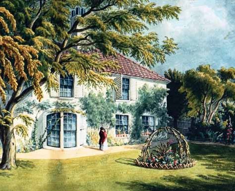 Charles Swaisland's House. A painting of a house behind a green lawn. A couple stand outside the building. Charles Swaisland's House. A painting of a house behind a green lawn. A couple stand outside the building.