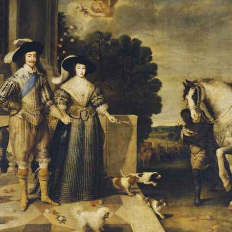 Charles I and Henrietta Maria Departing for the Chase Charles I and Henrietta Maria Departing for the Chase c. 1630-2. In this portrait by Daniel Mytens the royal couple are depicted on a terrace as they prepare to depart on a hunting excursion. Surrounded by lively dogs, they are attended by the court dwarf, Jeffrey Hudson and an African servant who brings their horses. | Royal Collection Trust RCIN 404771