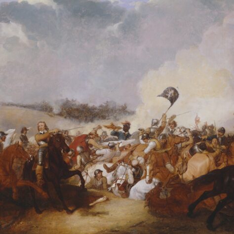 H0122.tif, crop, curves. Cromwell shown at the Battle of Naseby, 1645 leading the New Model Army to victory with a Black trumpeter. Abraham Cooper (1787–1868) The Cromwell Museum
| The Cromwell Museum