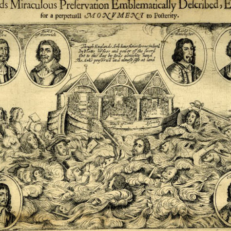 This 1646 allegorical broadside shows the two houses of Parliament and the Thorowgood's Westminster Assembly on an ark on a sea in which royalists drown. An accompanying poem calls the three the 